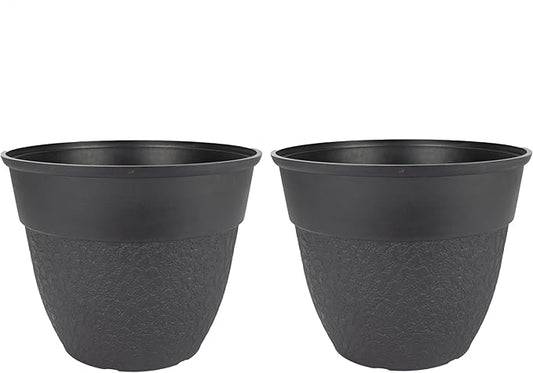 The HC Companies Brookhaven Decorative Round Planter - Lightweight Premium Resin Plant Pot with a Stonelike Texture for Indoor Outdoor Use (16 Inch Black, Pack of 2)