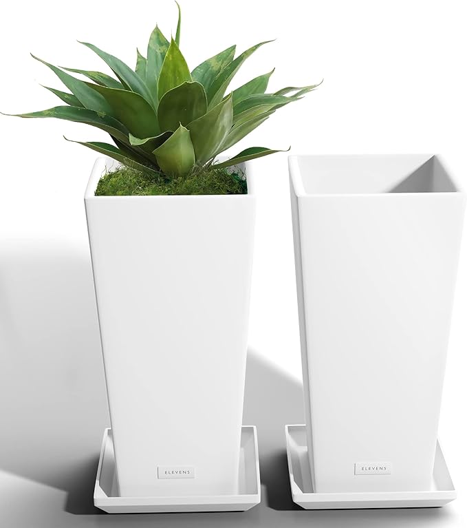 Elevens Outdoor Planter Larger Flower Pots Indoor Taper Garden V-Shape Tall Planters 24 inches Garden Pots Planter - White（2 Packs）