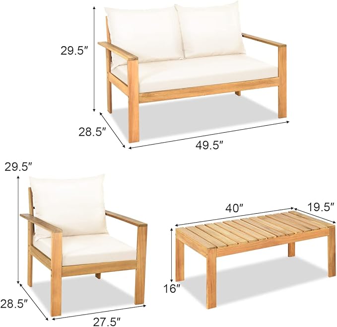 Tangkula Outdoor 8-Piece Acacia Wood Chat Set, 8 Seater Acacia Wood Conversation Sofa and Table Set with Water Resistant Cushions, Teak Finished (2, White)