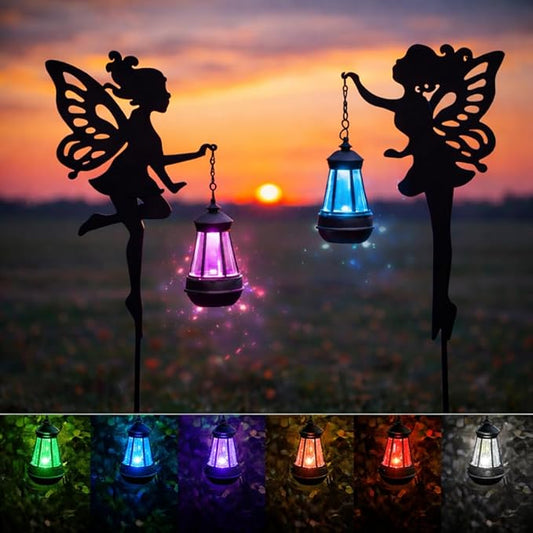 Solar Fairy Garden Lights Outdoor – Spring Decorations Yard Ornaments, Color-Changing LED Fairy Statue with Lantern, Solar Powered Garden Stakes for Patio, Lawn & Pathway Decor (Set of 2)