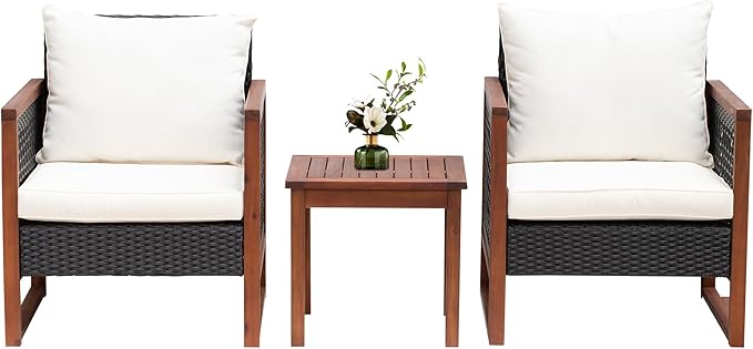 PayLessHere 3-Piece Outdoor Patio Furniture Set Modern Rattan Bistro Conversation Set with Acacia Wood Frame, Coffee Table, and Water-Resistant Cushions for Balcony, Garden, or Backyard (Khaki)