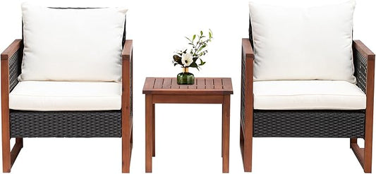 PayLessHere 3-Piece Outdoor Patio Furniture Set Modern Rattan Bistro Conversation Set with Acacia Wood Frame, Coffee Table, and Water-Resistant Cushions for Balcony, Garden, or Backyard (Khaki)