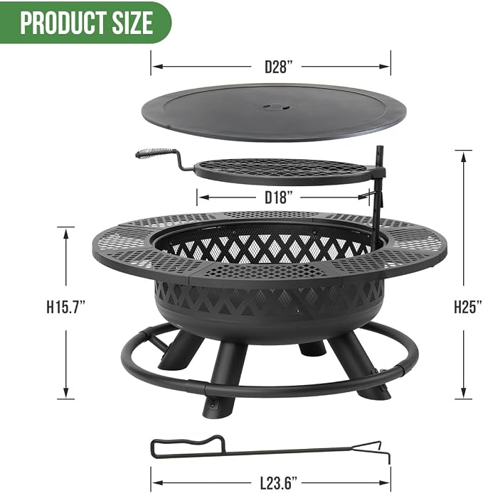 Panovue 42 Inch Outdoor Fire Pit with Grill, Large Firepit Table for Outside, Metal Round Firepits with Lid&Fire Poker,3 in 1 Wood Burning Fire Pits & Outdoor Fireplaces for Backyard,Patio(42'' Black) - Image 6