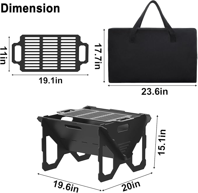 20 inch Fire Pit, Outdoor Portable Firepit with BBQ Tray, Detachable Camping Steel Fire Pits for Backyard, Patio, Picnic, Bonfire, Garden (Black-Large) - Image 7