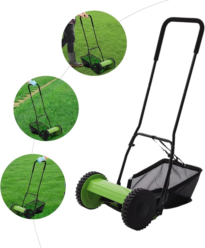 12-Inch Lawn Mowers Push Mower Reel Mower Push, Adjustable Cutting Height with Grass Catcher 5 Steel Blades, Dual Wheel Lawn Mower for Gardens/Lawns - Image 8