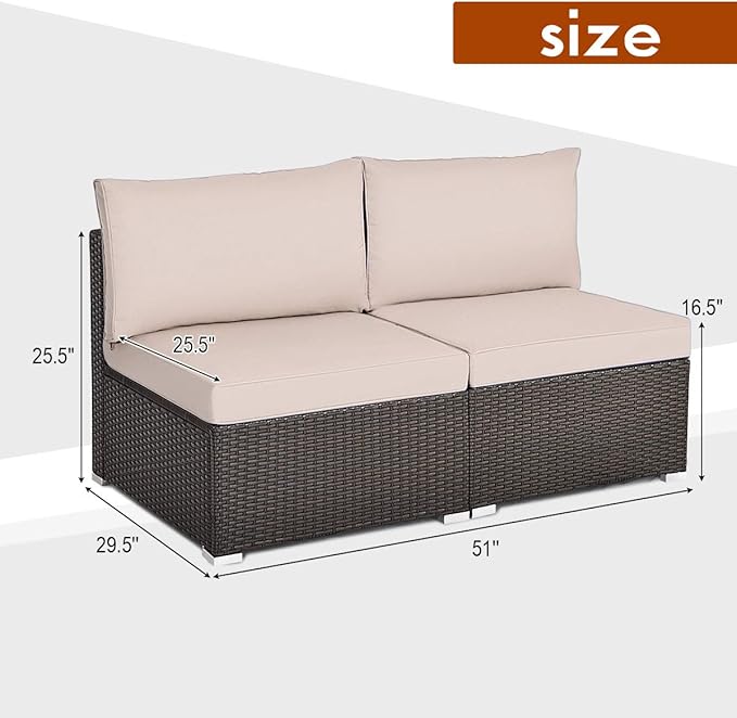 Tangkula 2 PCS Outdoor Wicker Armless Sofa, Patio Rattan Sectional Sofa Set w/2 Thick Seat Cushions and 2 Back Cushions, Additional Seats for Balcony Garden Patio Poolside (Black)