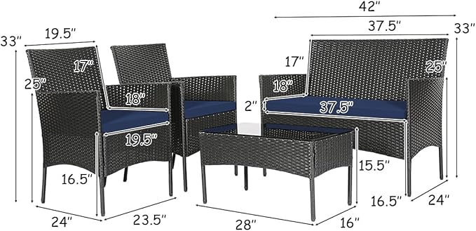 4 Pieces Patio Furniture Set, Outdoor Conversation Set with Ergonomic Curved Backrest, Patio Chair Set with Water-Resistant Cushion & Tempered Glass Table for Balcony, Porch (Navy Blue)