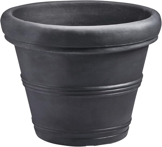 Crescent Garden Brunello Classic Rolled Rim Planter Pot, Indoor/Outdoor Weather-Safe Round Plant Pot, Premium Plastic Flowerpot for Houseplants, Herbs - 16''W (Black)