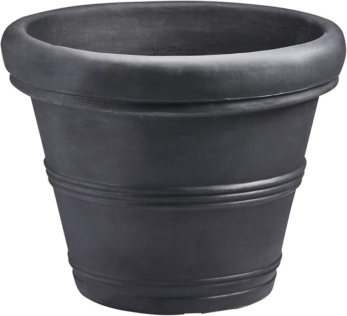 Crescent Garden Brunello Small Classic Rolled Rim Planter, Indoor/Outdoor Plastic Round Pot - Traditional Planter for Herbs, Plants, Houseplant -14''W (Black)