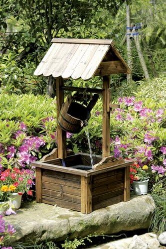 Wishing Well Wood Outdoor Patio Water Fountain with Pump