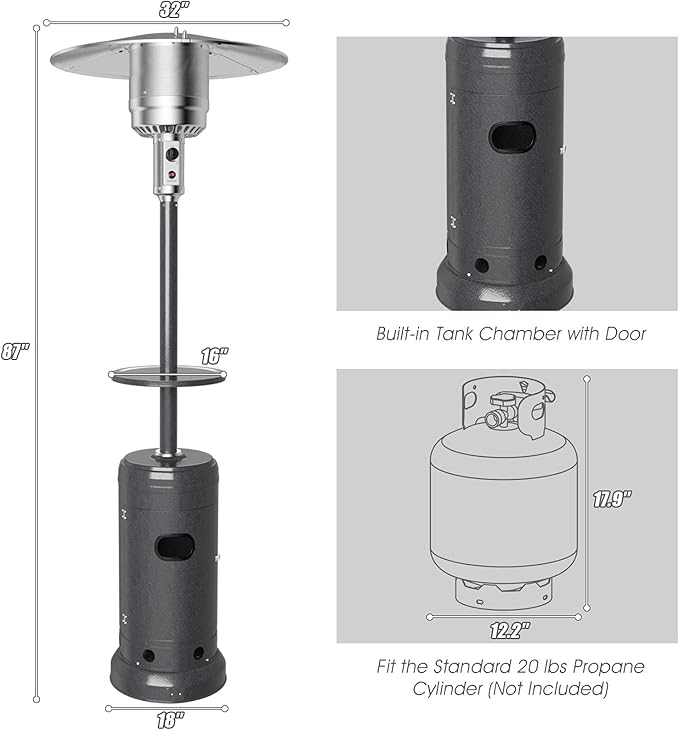 COSTWAY Patio Heater, 50,000 BTU Propane Heater with Drink Shelf Tabletop, Wheels, Simple Ignition System and Base Reservoir, Standing Outdoor Space Heater for Home Residential Commercial (Grey)