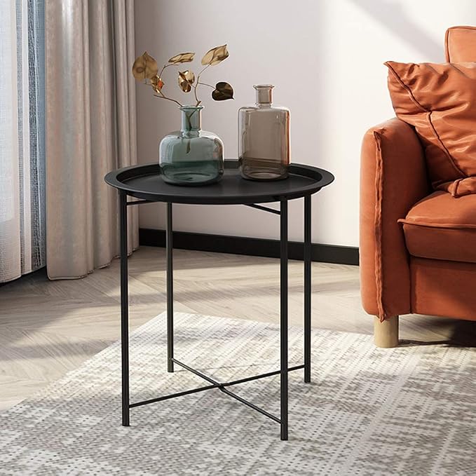 VECELO Side/End Table, Folding Round Metal Anti-Rust and Waterproof Outdoor or Indoor Tray for Living Room Bedroom Balcony and Office, 2 PCS, Black - Image 2