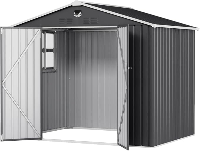 8x6 FT Outdoor Storage Shed, Metal Garden Shed - Tool Storage Sheds with Lockable Doors & 1 Clear Window, Waterproof Outside Storage Building for Backyard, Patio (Black; Floor Not Included) by SOFTKISS