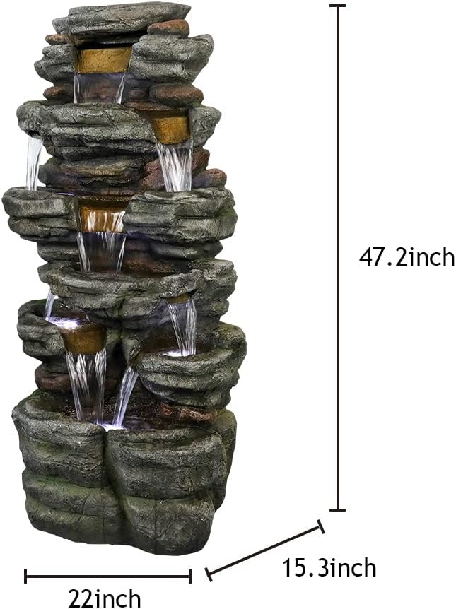Naturefalls 47.2inches Outdoor Rockery Water Fountain with Led Lights - Poly-Resin Rock Cascading Water Fountains - Relaxation Water Features for Patio, Yard, Deck, Garden Decor