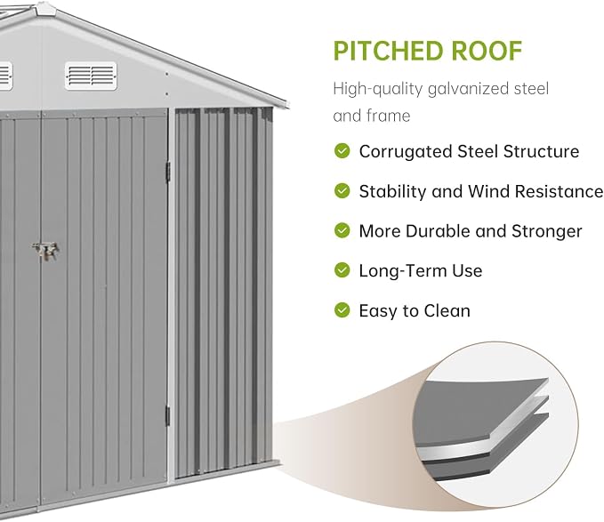 10X12FT Outdoor Metal Storage Shed, Lockable Weatherproof Garden Shed for Tools & Equipment, Durable Galvanized Steel with Sloping Roof & Ventilation, Ideal for Backyard, Patio & Garage Storage, Gray - Image 7