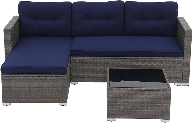 JOIVI Outdoor Patio Furniture Set, Wicker Conversation Set with Tempered Glass Coffee Table, All-Weather Rattan Furniture Small Sectional Sofa Set, L-Shaped Outdoor Seating with Cushions, Navy Blue
