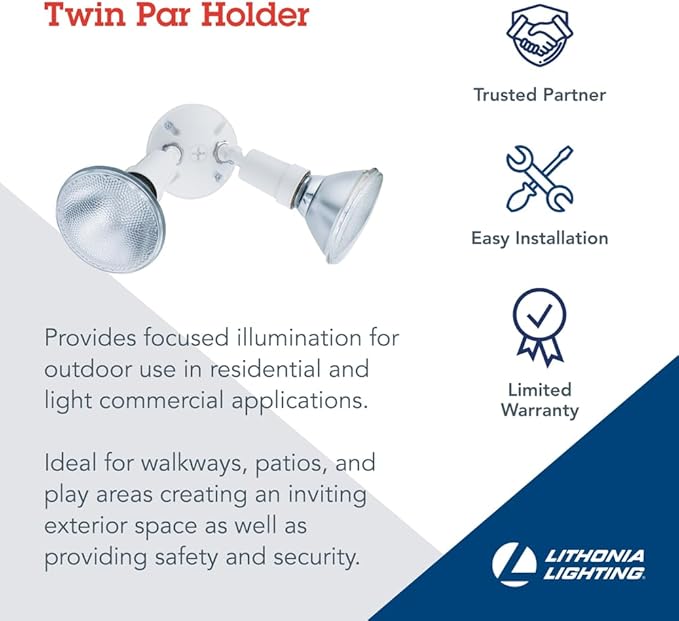 Lithonia Lighting Outdoor Flood Light Fixture, Adjustable Twin Par Flood Light Holder for Safety and Security, 120 Volts, Uses 2 Lamps Up to 150W (Not Included), White (OFTH 300PR 120 WH M12)