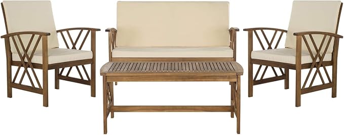 SAFAVIEH Outdoor Collection Fontana Natural/ Beige 4-Piece Conversation Patio Set with Cushions