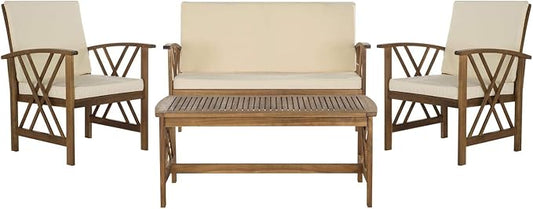 SAFAVIEH Outdoor Collection Fontana Natural/ Beige 4-Piece Conversation Patio Set with Cushions
