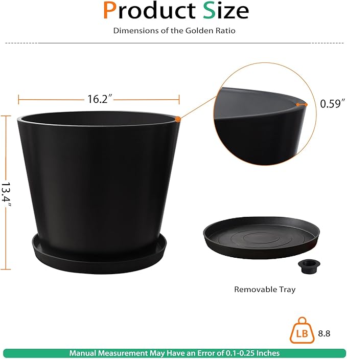 Wide Planters for Outdoor Plants, Extra Large Indoor Flower Pots for Garden, Front Porch, Patio - Round Resin Planter Set of 2 (Black, 16" D x 14" H)
