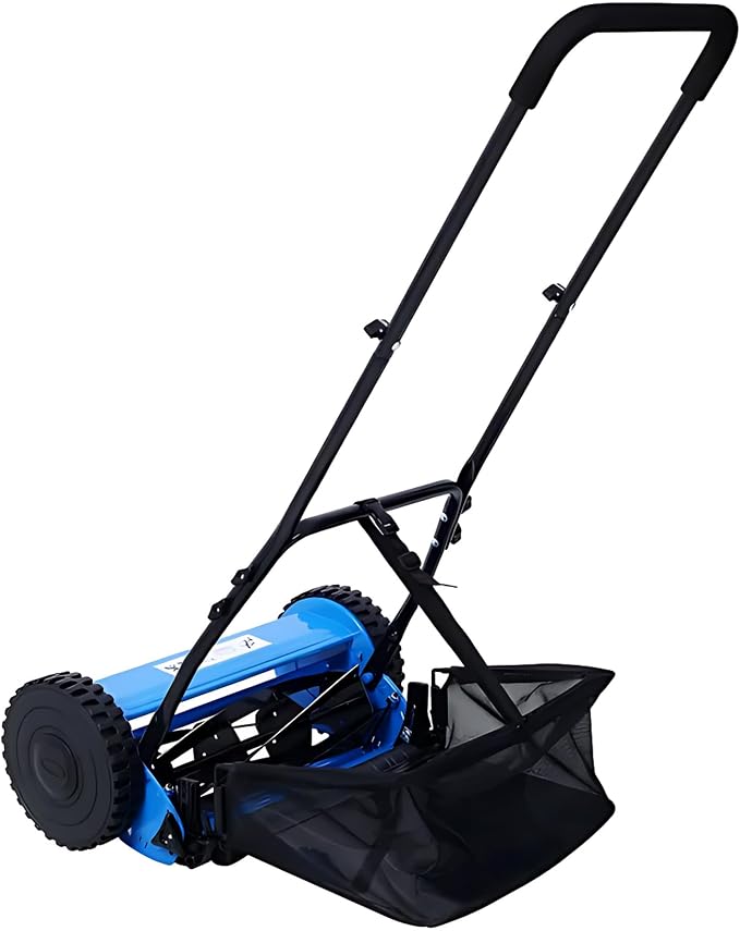 14-Inch 5-Blade Push Reel Lawn Mower with Grass Catcher, Blue - Adjustable Height Precision Cutting, Eco-Friendly Manual Lawn Mower with Durable Steel Blades for Lawn Maintenance - Image 2