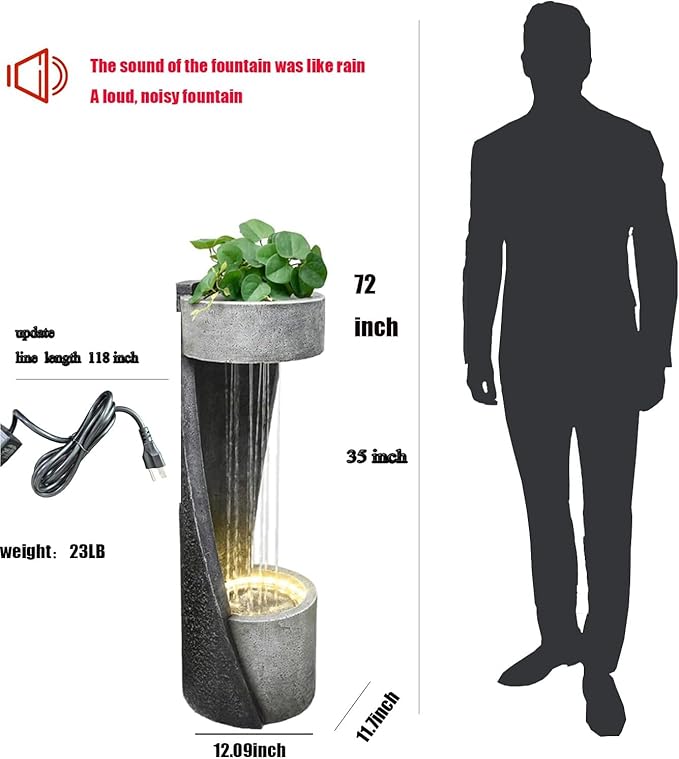 35" Modern Outdoor Patio Water Fountain & Rainfall Feature – Resin Garden Waterfall Fountain with Light Spiral Indoor Water Feature for Patio, Yard, Porch Decor – Gray