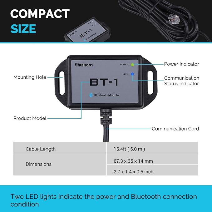 Renogy Bluetooth Module RJ12 Communication Port Compatible Rover/Wanderer/Adventurer Charge Controllers, BT-1 RS232,Black - Image 7