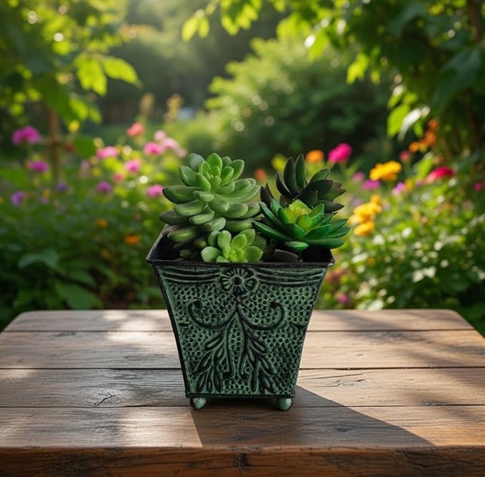 Hosley Set of 4 Green Patina Embossed Metal Planters with Ornate Floral Design, 5.25" L x 5.25" W x 5" H ?€? Ideal for Floral Arrangements, Home D??cor, Garden Accents, Rustic Weddings.