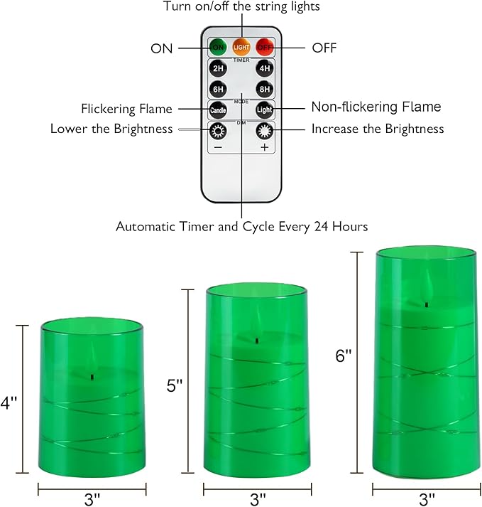 Homemory St. Patrick's Day Flameless Candles with Embedded Star String Fairy Lights, Green Battery Operated Candles, LED Candle, Fake Candles with Remote Control and Timer, Set of 3(H 4" 5" 6?€?)