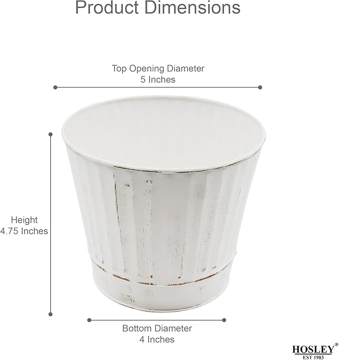 Hosley Pack of 2 White Wash Metal Planters, 5" Diameter x 4.8" High Rustic Farmhouse Buckets for Floral Arrangements, Weddings, Parties, Events & Home D??cor