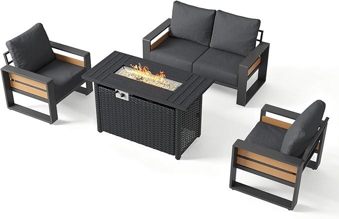 Aoxun Aluminum Patio Furniture Set with Fire Pit Table, 4 Piece Luxury Outdoor Sectional with 6" Olefin Fabric Cushions, Patio Conversation Sets with Waterproof Cover for Backyard, Porch Dark Grey