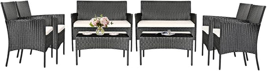8 Pieces Patio Furniture Set, Outdoor Conversation Set with Ergonomic Curved Backrest, Patio Chair Set with Water-Resistant Cushion & Tempered Glass Table for Balcony,Porch,Poolside(Beige)