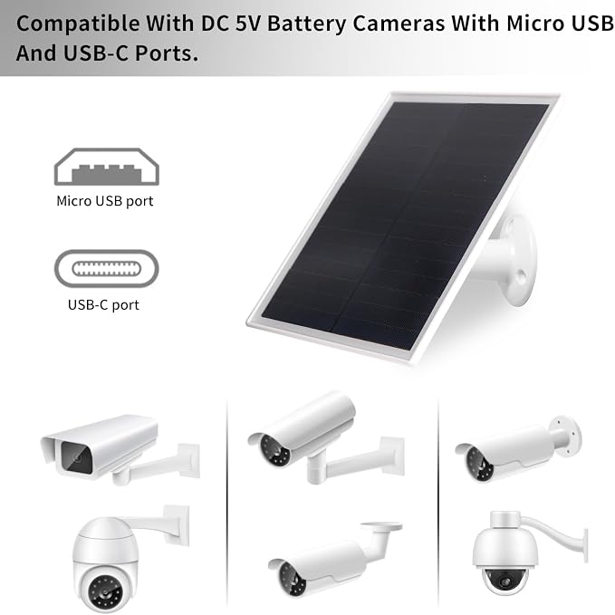 6W Solar Panel Charger, Solar Panel with Micro USB & USB-C Port for DC 5V Outdoor Rechargeable Battery Camera, IP66 Waterproof, 360?? Adjustable Security Mount, 1PC - Image 2