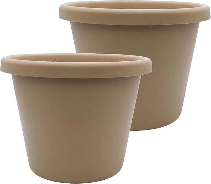 The HC Companies 14 Inch Classic Round Planter Pots with Drainage, Rolled Rim Plastic Planters for Indoor & Outdoor Plants, 2-Pack Decorative Flower Pots for Garden, Office & Home Decor, Sandstone