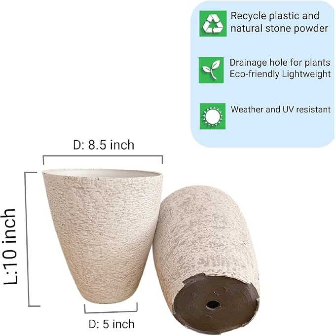 10 inch Garden Planter Lightweight Indoor Outdoor Pots with Drainage Hole for Potted Plants Flowers Greenery, Set of 2 (Beige Grain Texture)