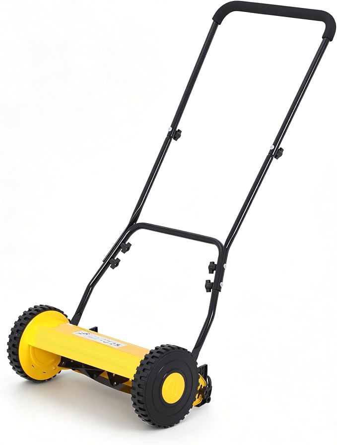 14" 5-Blade Push Reel Lawn Mower, Manual Push Mower with Adjustable Cutting Height, Compact Lawnmower for Small to Medium Yard and Field, Lightweight Hand Reel Push Mower, Yellow by Garvee