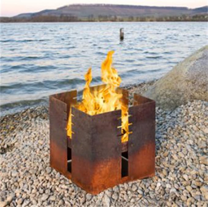 BBQ Grill Corten Steel Square Fire Pit Wood Charcoal Burning Patio Backyard Garden Picnic Outdoor Barbecue Bonfire Fireplace 17.7 inch Side Length - Image 4