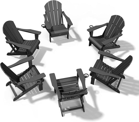 MUCHENGHY Folding Adirondack Chairs 6 Pack, Patio Chairs, Fire Pit Chairs, Outdoor Chairs, Plastic Adirondack Chairs, Lawn Chairs Weather Resistant with Cup Holder for Deck, Backyard, Garden(Black) by MUCHENGHY