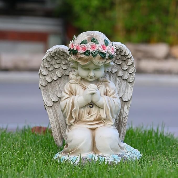 Solar Garden Outdoor Statues Lights, Resin Angel Figurine Light for Patio, Balcony, Yard, Lawn Ornament, Unique Housewarming Gifts and Yard Decor