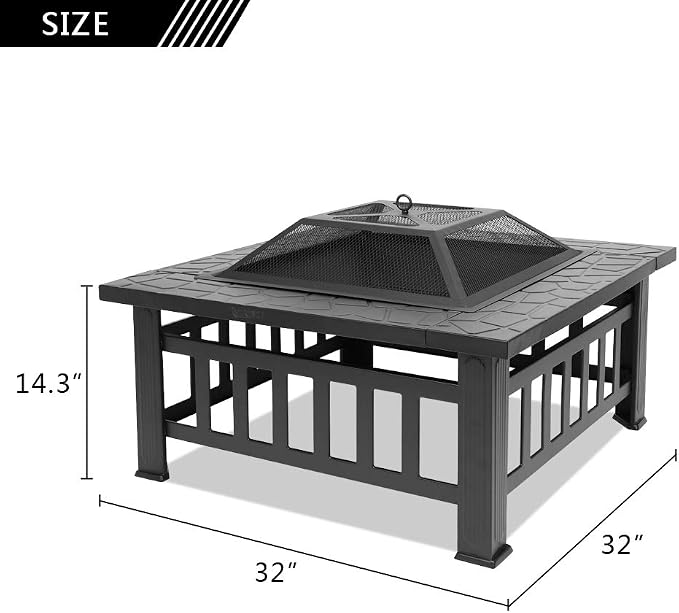 Bonnlo 32” Metal Porch Fire Pit Outdoor Square Poatable Wood Burning Table- Includes Mesh Spark Screen Top, Waterproof Cover and Poker for Camping Patio Backyard Bonfire Fireplace - Image 3