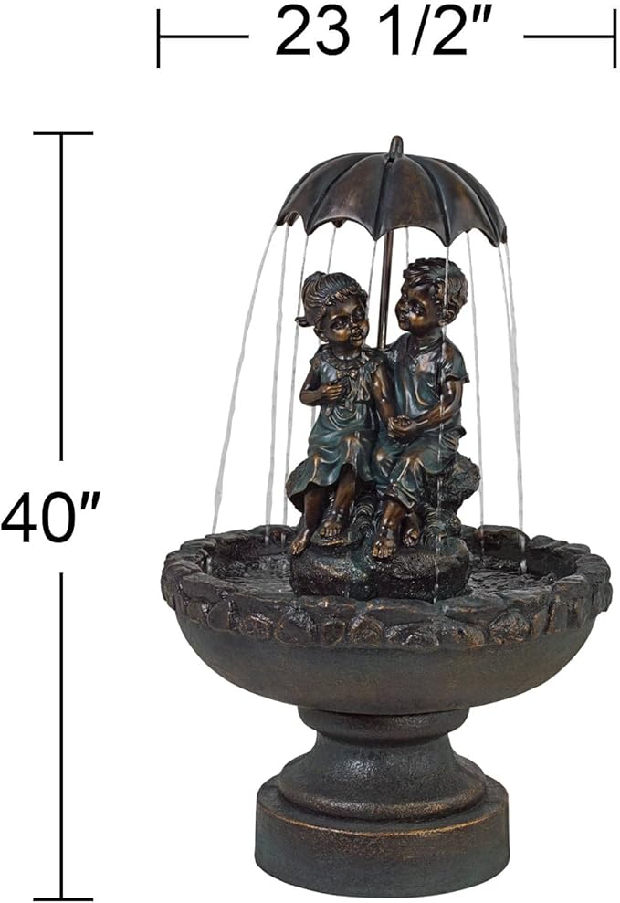 Boy and Girl Under Umbrella 40" High Large Rustic Indoor Outdoor Cottage Core Decor Bronze Floor Fountain Standing Waterfall Basin Water Feature for Outside Garden Patio Yard - John Timberland