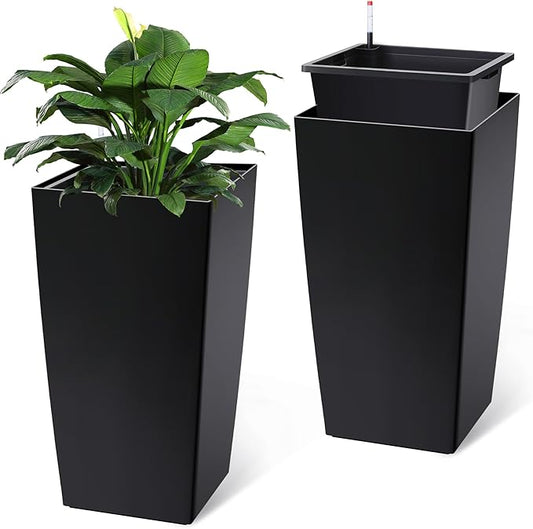 GarveeLife Tall Planters Set of 2 with Water Level Monitor & Drainage Holes Black 30"