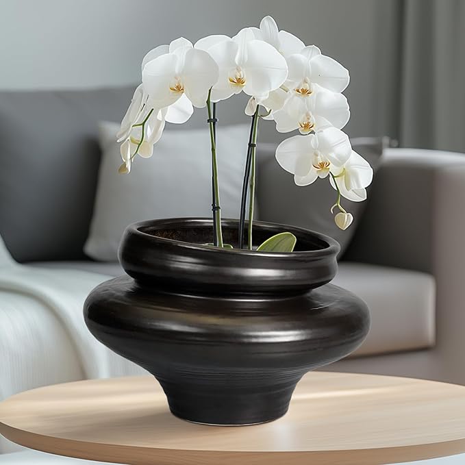 Ceramic Pots for Plants 11 Inch - Bonsai Planter for Outdoor Plants, Black Planter with Drainage Hole, Decorative Plant Pots for Home Decor, Gift for Women Men