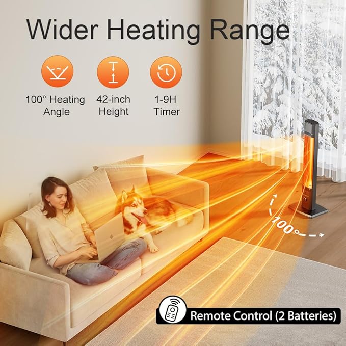 42 INCH Outdoor Patio Heaters, 9 Heat Levels & 9H Timer, Outdoor Heater w/Safety Lock, 1500W Infrared Heater, Remote Control, IP65 Waterproof, Tip-Over &Overheat Protection for Outdoor, Black
