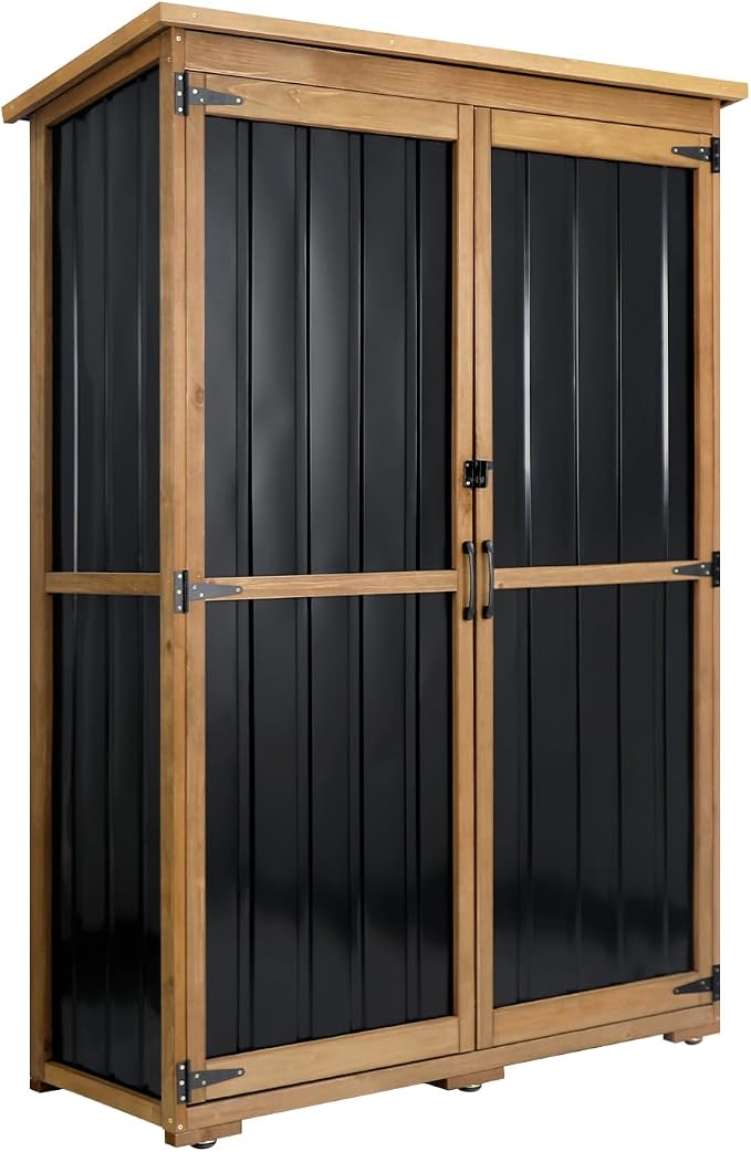 Outdoor Storage Cabinet Waterproof with Shelves, Outdoor Storage Shed Garage Cabinet Weatherproof, Wood & Metal Outside Patio Backyard Garden Pool Storage Tool Organizer by PETSCOSSET