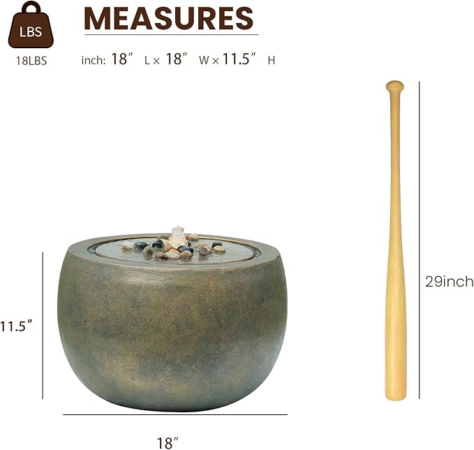 Garden Water Fountain Outdoor Bubbler Water Feature Indoor with Lights & Pump and Pebbles Waterfall Fountains Concrete Effect for Patio Deck Yard Home Decor Gold, 18 "L x 18" W x 11.5" H