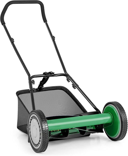 IRONMAX Lawn Mower, 16 Inch Push Reel Lawn Mower with 5 Steel Blades, Adjustable Cutting Heights, Grass Catcher Bag, Walk-Behind Manual Lawnmower for Garden Park Yard, No Motor (Green, 16 Inch) by IRONMAX