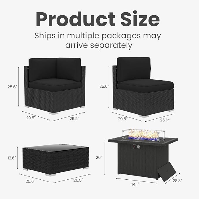 15 Pieces Patio Furniture Set with 44" Propane Gas Fire Pit Table, Outdoor Sectional Wicker Conversation Sofa Sets with Coffee Table