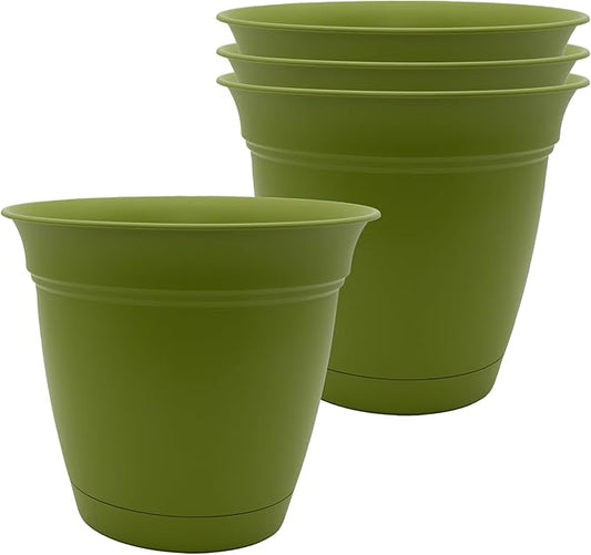 The HC Companies 8 Inch Eclipse Round Planter Pots with Drainage Holes & Attached Saucer, Lightweight UV-Resistant Plastic Indoor Outdoor Planters, 4-Pack Flower Pots for Garden & Home Decor, Peridot