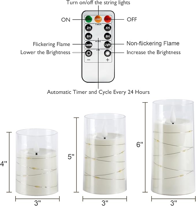 Homemory Flameless Candles with Embedded Star String Fairy Lights, Battery Operated Candles, LED Candle, Fake Candles with Remote Control and Timer, White, Set of 3(H 4" 5" 6?€?)
